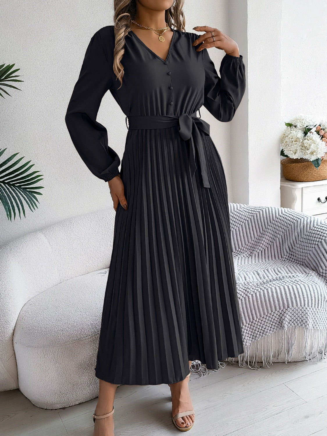 Pleated Tied V-Neck Long Sleeve Dress - Charming Charlie