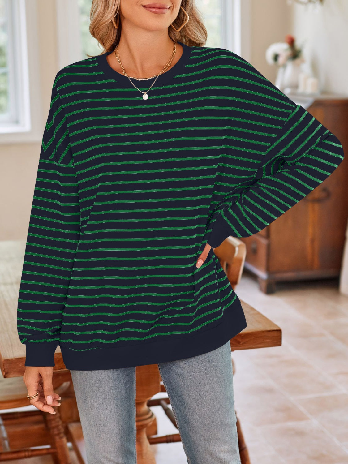 Striped Round Neck Long Sleeve Sweatshirt - Charming Charlie