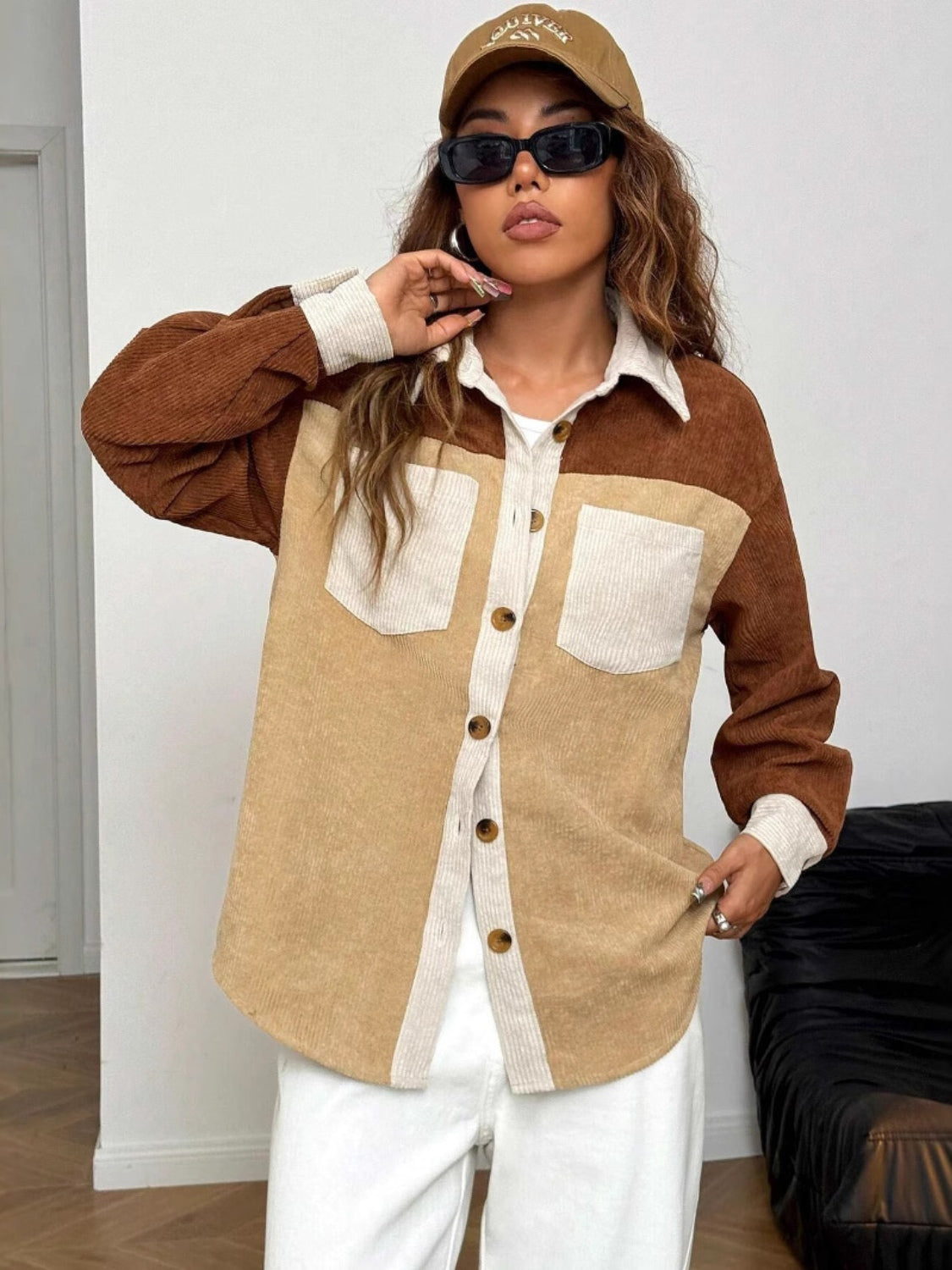 Color Block Collared Neck Long Sleeve Shirt - Charming Charlie