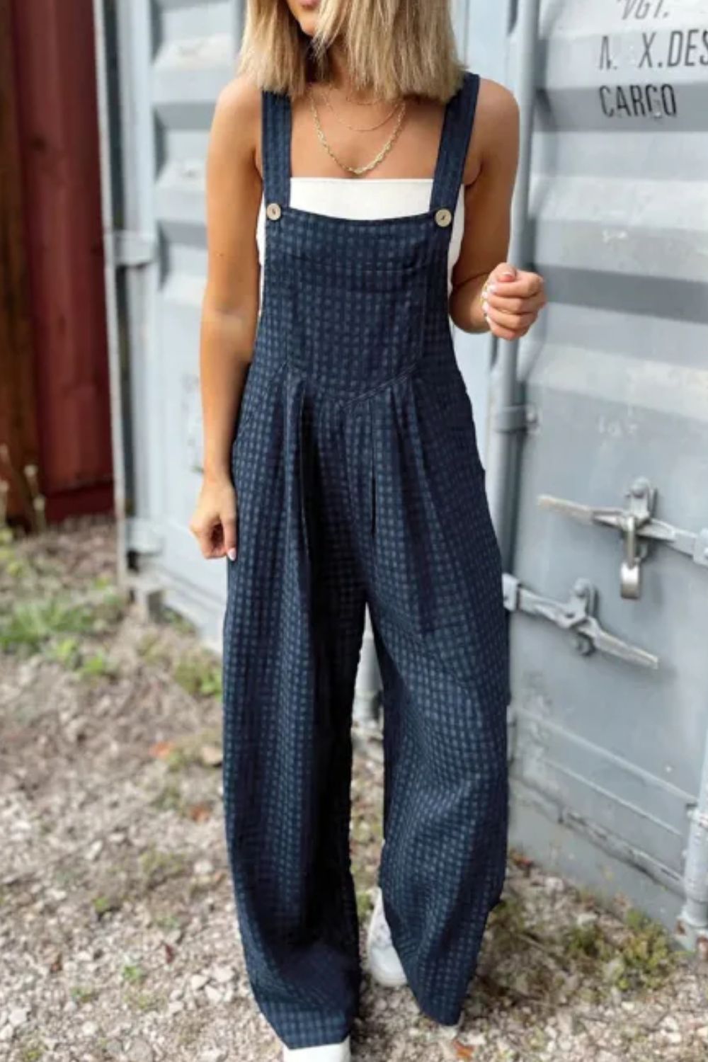 Plaid Wide Strap Wide Leg Overalls - Charming Charlie