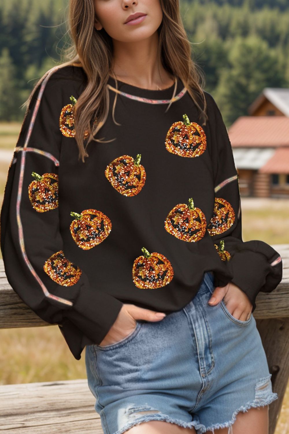 Sequin Pumpkin Round Neck Long Sleeve Sweatshirt - Charming Charlie