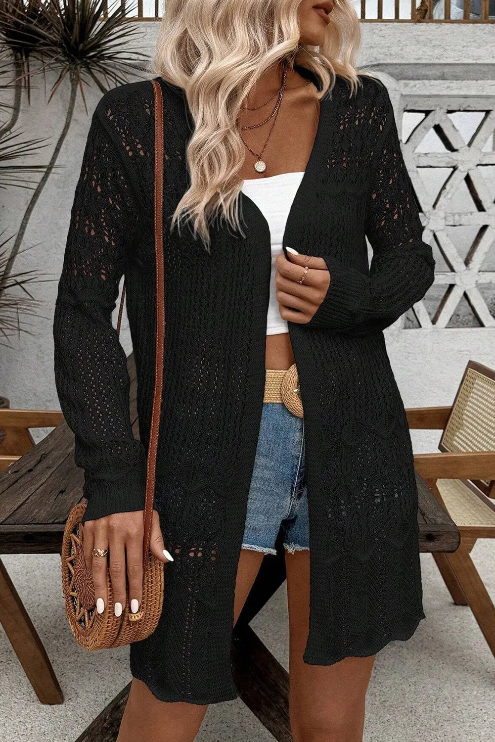 Openwork Open Front Long Sleeve Cardigan - Charming Charlie