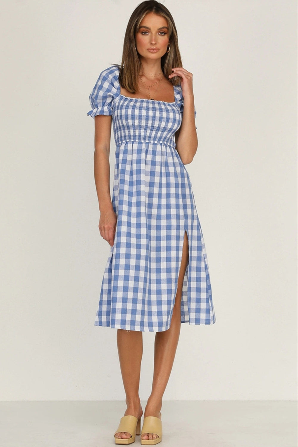 Full Size Slit Plaid Short Sleeve Midi Dress - Charming Charlie