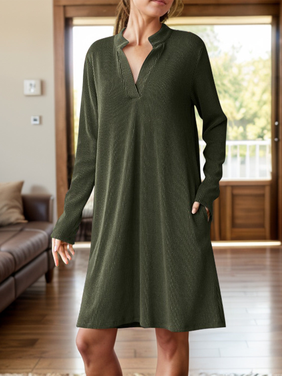Notched Long Sleeve Mini Dress with Pockets - Charming Charlie