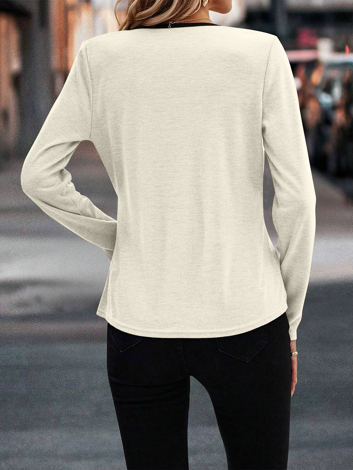 Full Size Crisscross Contrast Trim Long Sleeve T-Shirt - Charming Charlie
