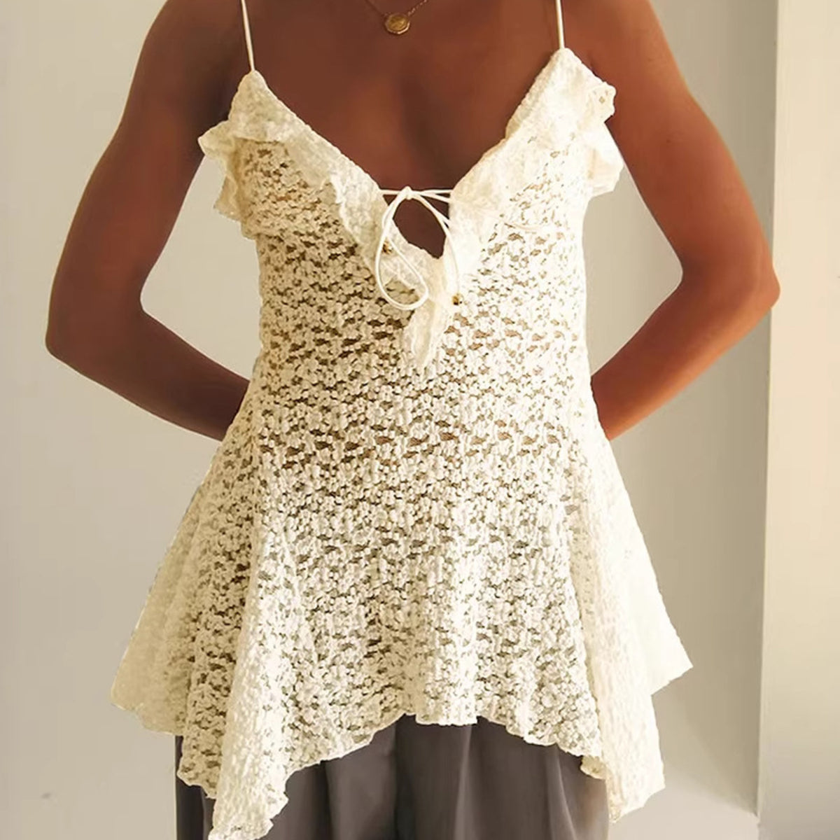 Lace Ruffle Trim Tie-Front Cami – Charming Charlie