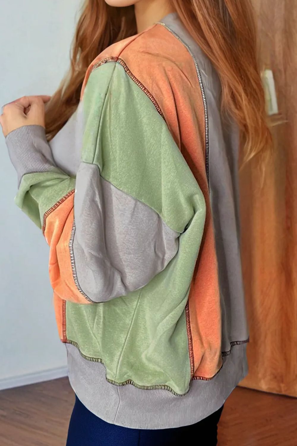 Full Size Exposed Seam Color Block Long Sleeve Sweatshirt - Charming Charlie