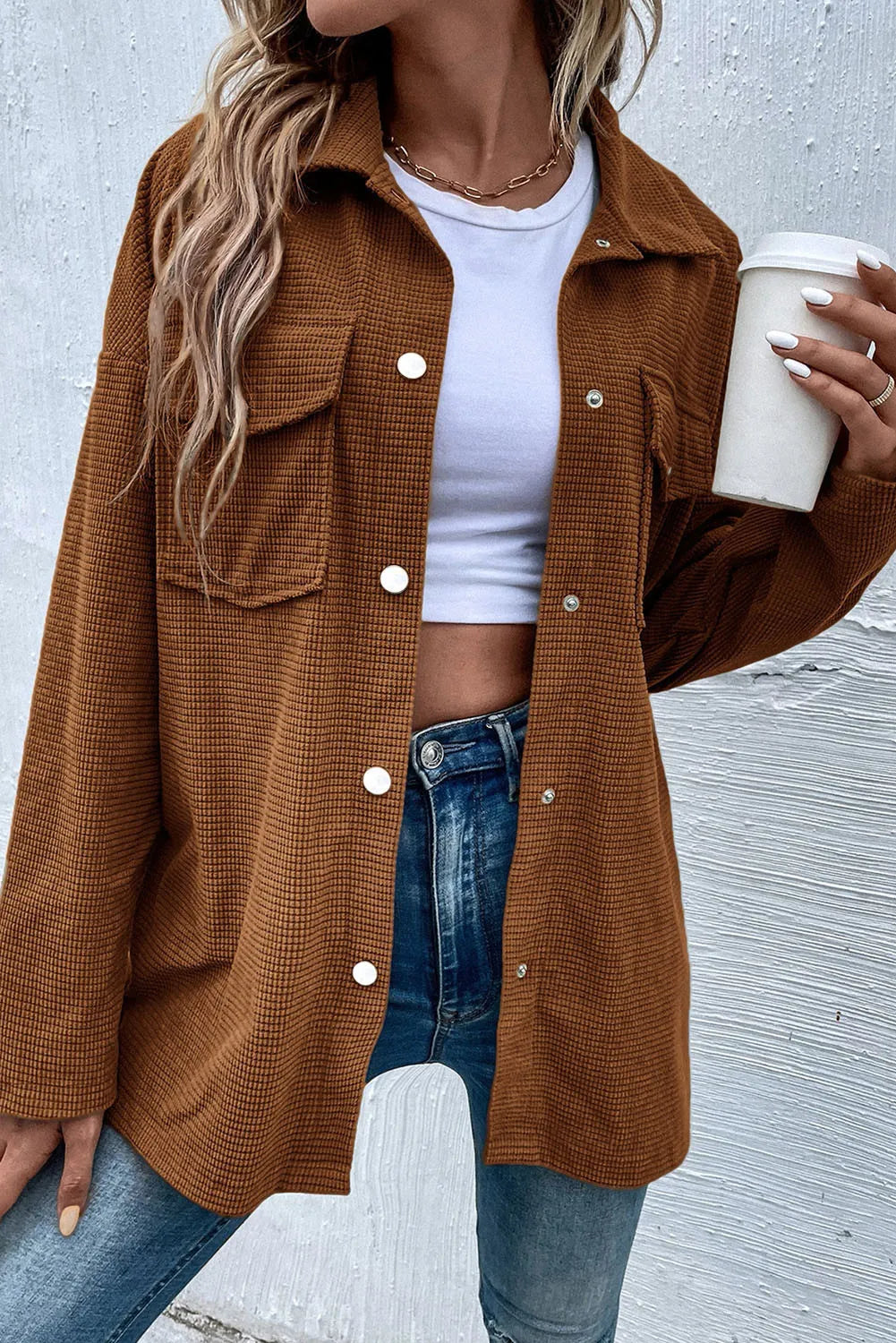 Pocketed Snap Down Long Sleeve Jacket - Charming Charlie
