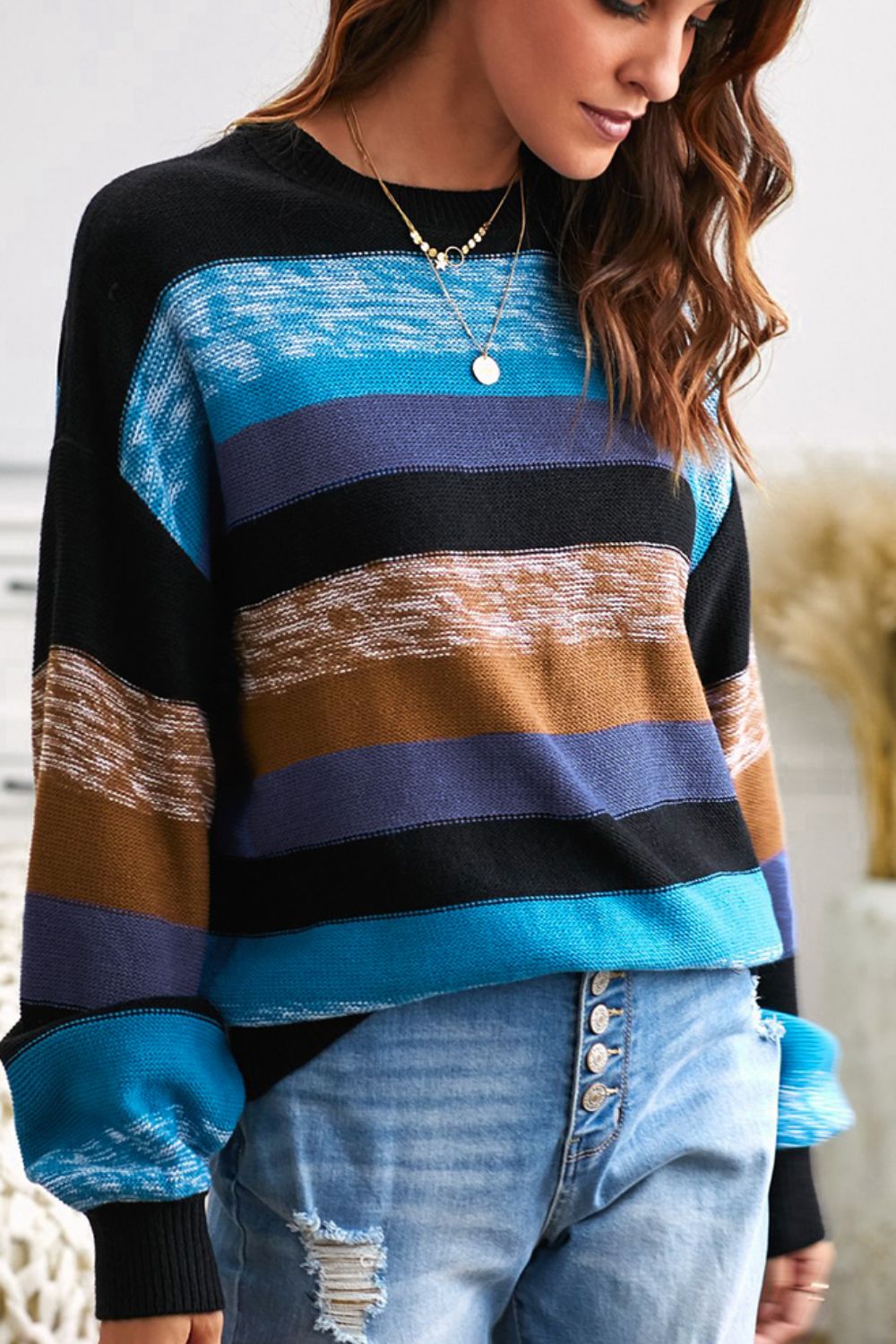 Contrast Striped Round Neck Drop Shoulder Sweater - Charming Charlie