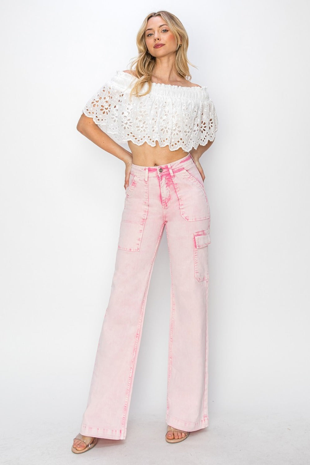 RISEN Full Size High Rise Wide Leg Cargo Pocket Jeans - Charming Charlie
