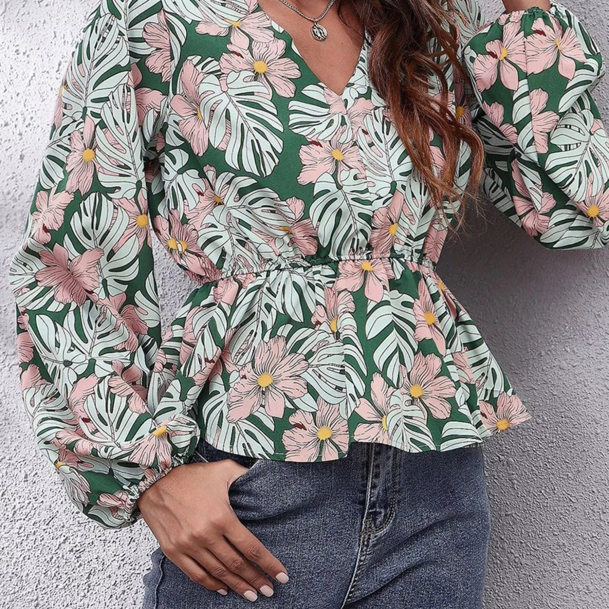 Floral Tie Neck Balloon Sleeve Blouse