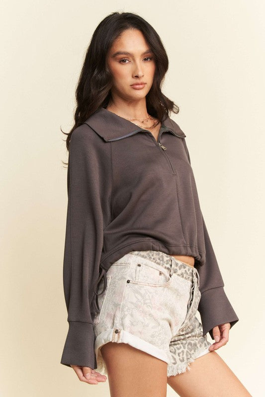 Davi & Dani Drawstring Hem Half Zip Raglan Sleeve Sweatshirt - Charming Charlie
