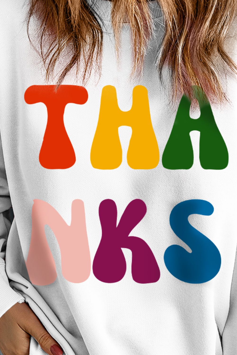 THANKS Round Neck Long Sleeve Sweatshirt - Charming Charlie