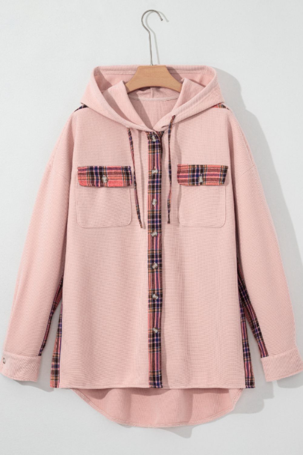 Waffle Knit Plaid Patchwork Drawstring Hooded Shacket - Charming Charlie