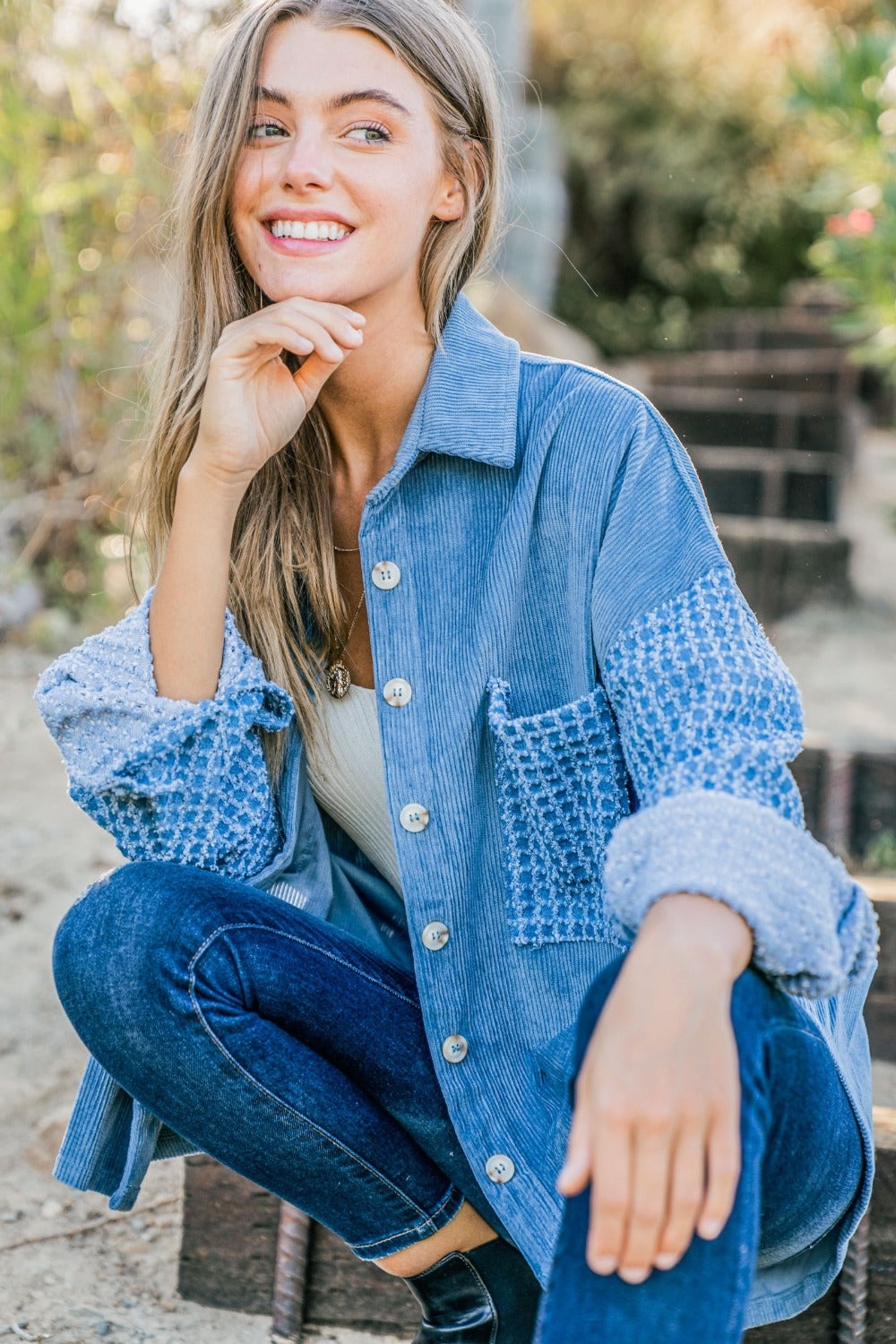 And The Why Button Down Corduroy Contrast Texture Long Sleeve Shacket - Charming Charlie