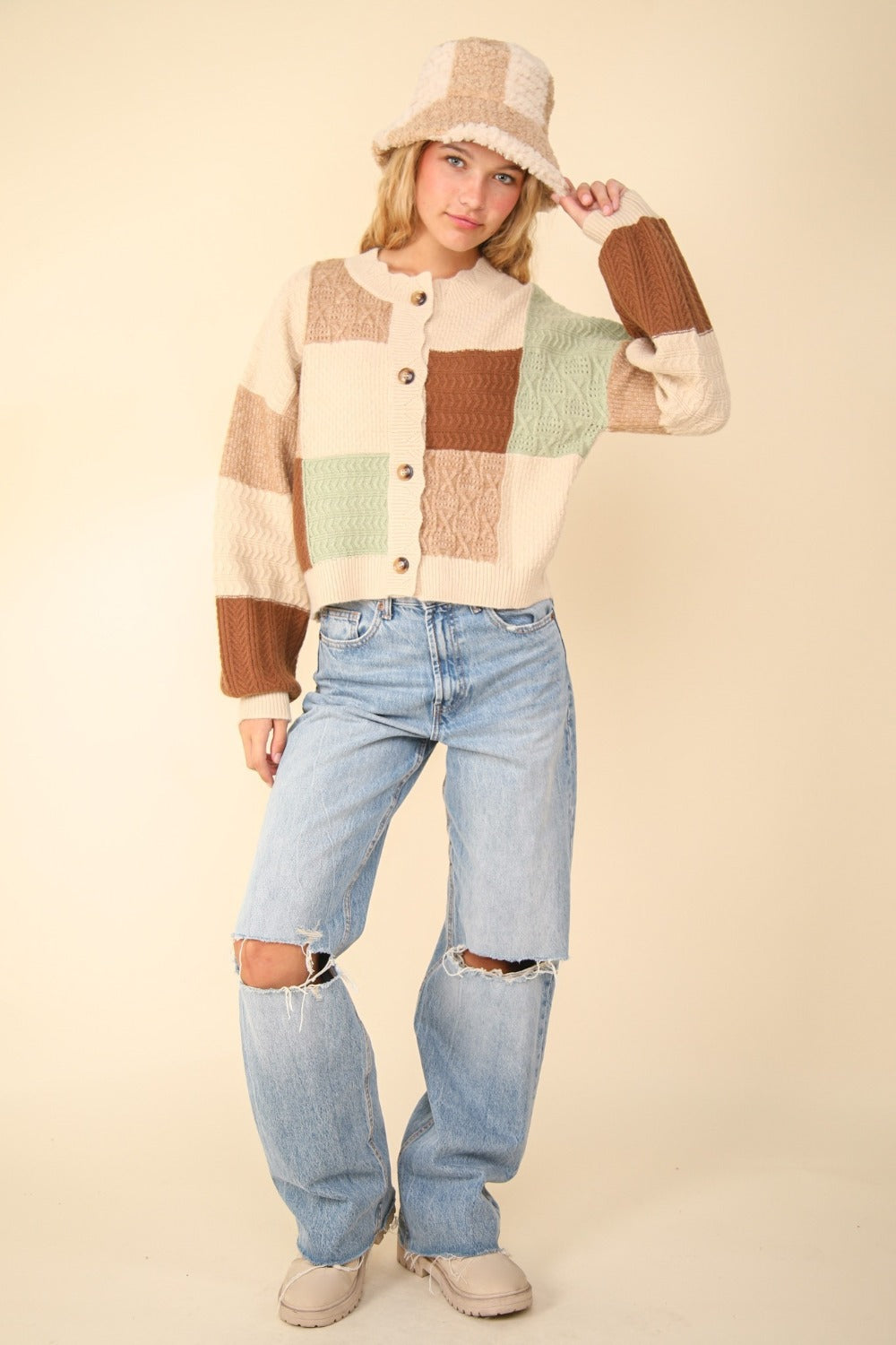 VERY J Color Block Button Down Textured Sweater Cardigan - Charming Charlie