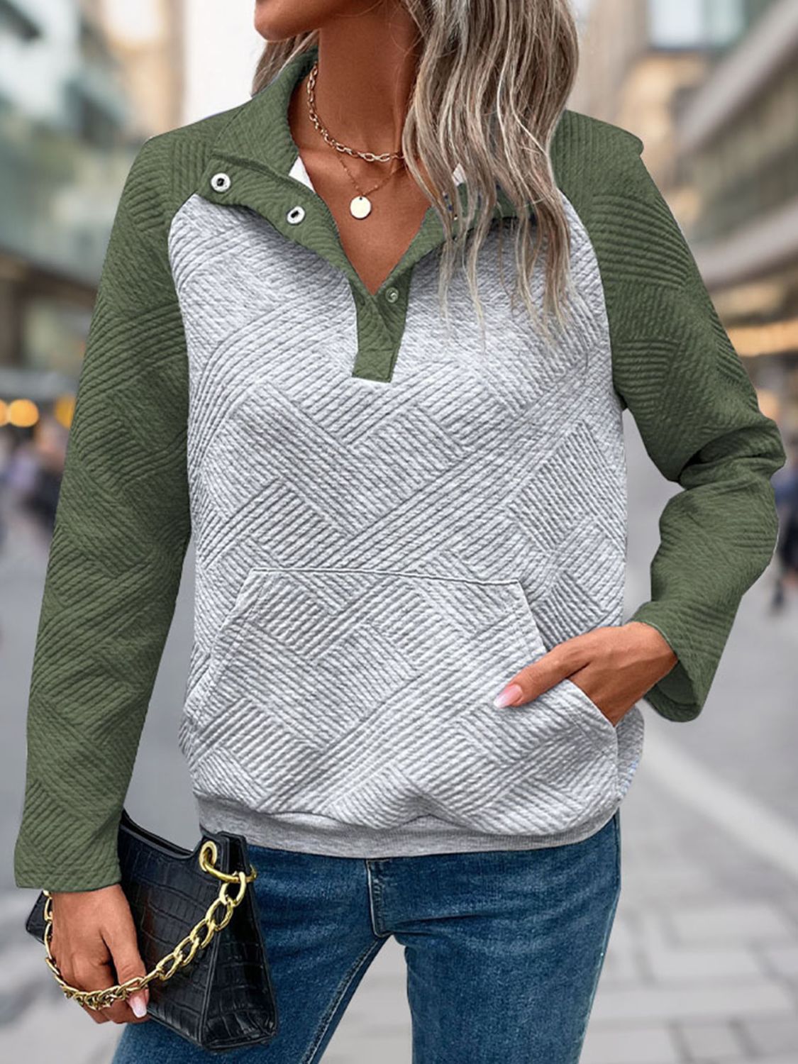 Contrast Textured Long Sleeve Sweatshirt - Charming Charlie