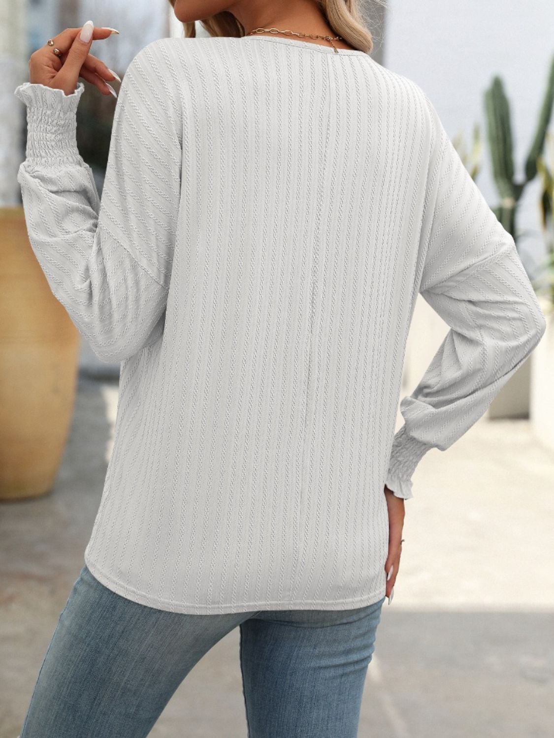 Textured Notched Lantern Sleeve T-Shirt - Charming Charlie