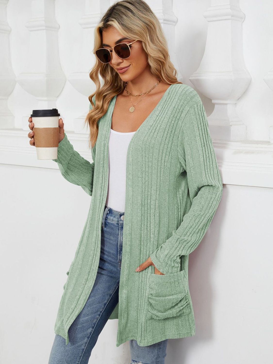 Pocketed Open Front Long Sleeve Cardigan - Charming Charlie