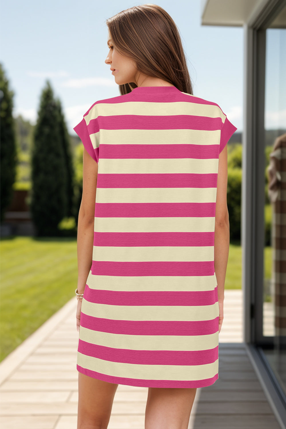 Striped Round Neck Cap Sleeve Mini Dress - Charming Charlie