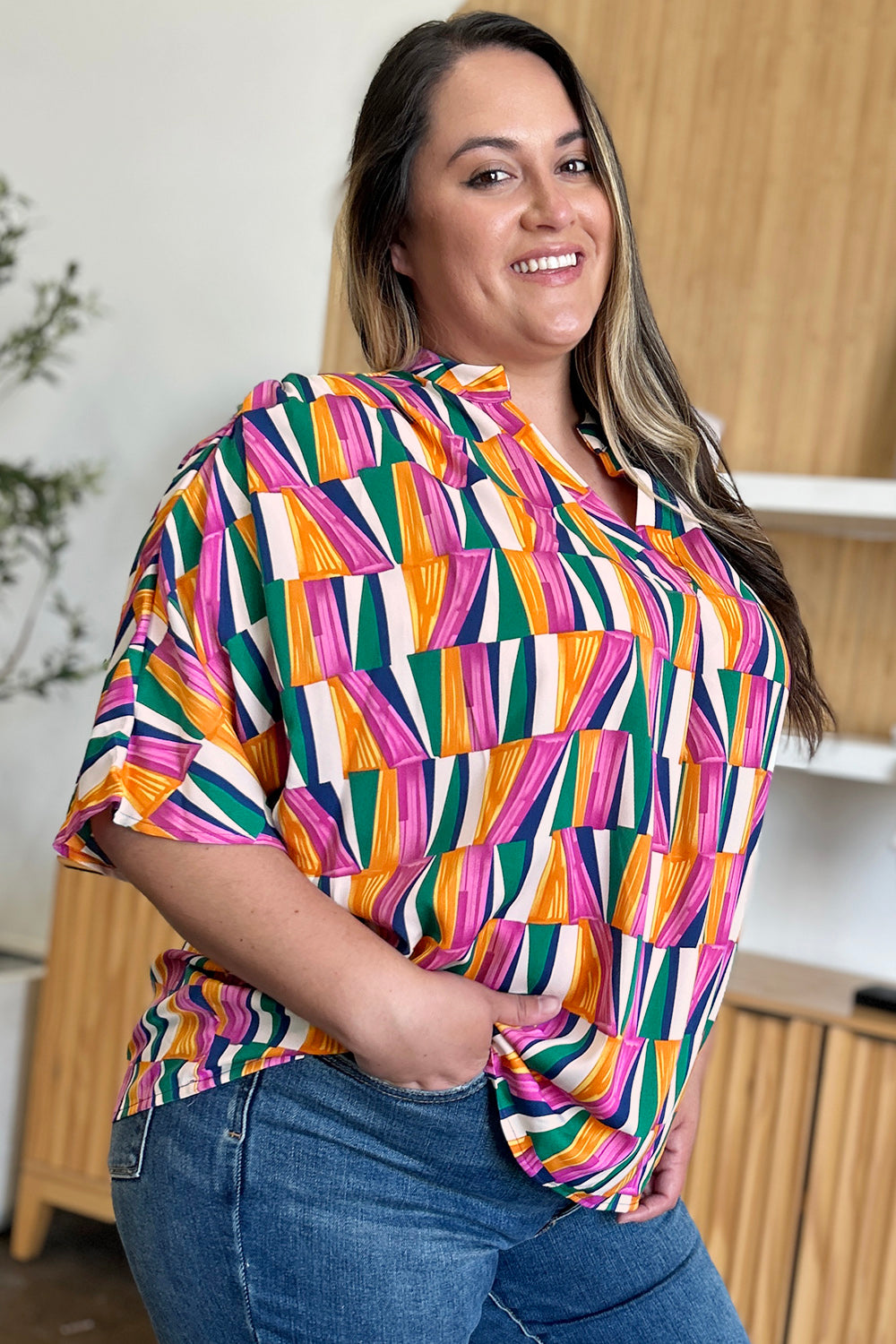 Double Take Full Size Geometric Notched Dolman Sleeve Top - Charming Charlie