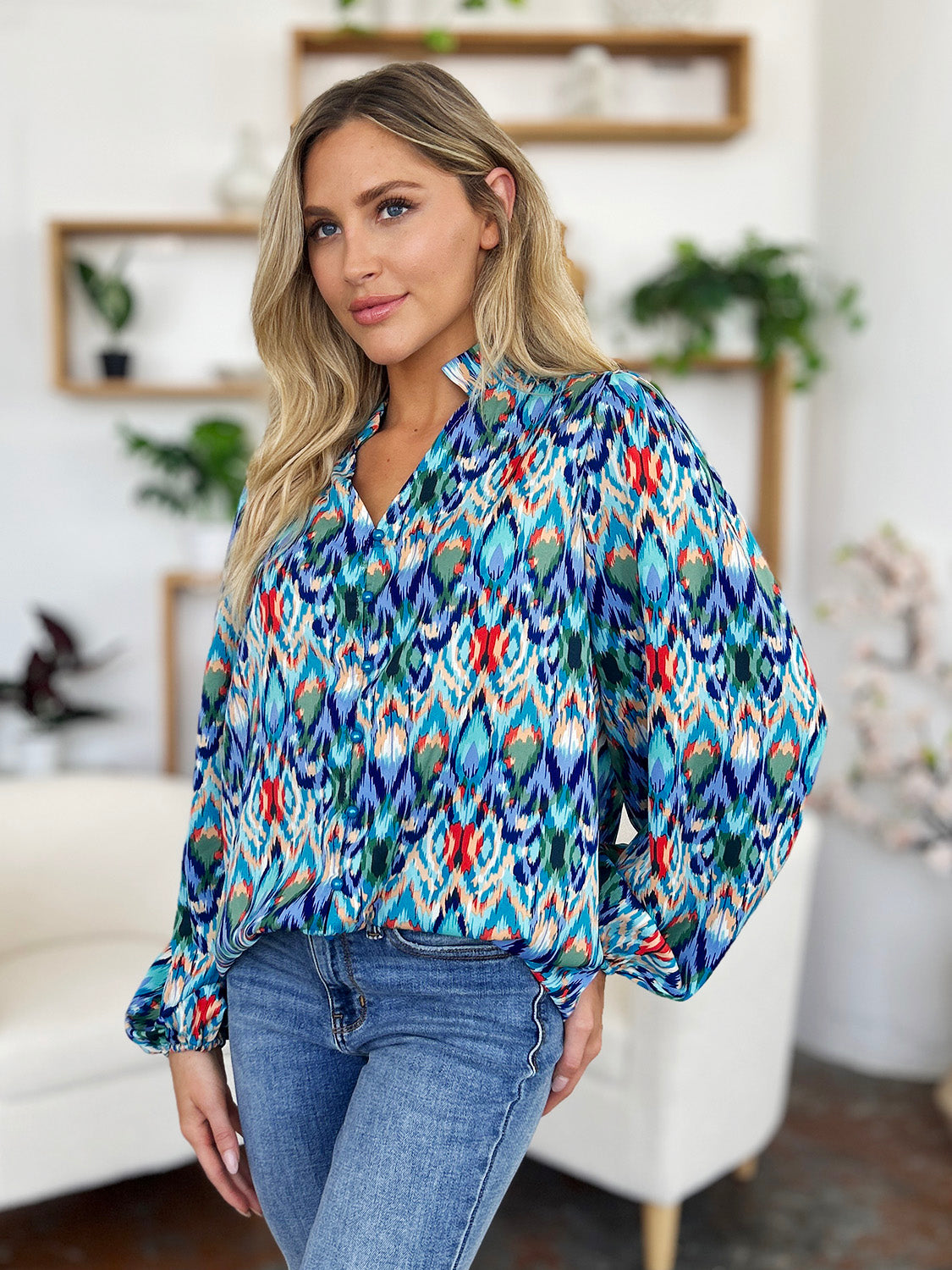 Double Take Full Size Printed Balloon Sleeve Blouse - Charming Charlie