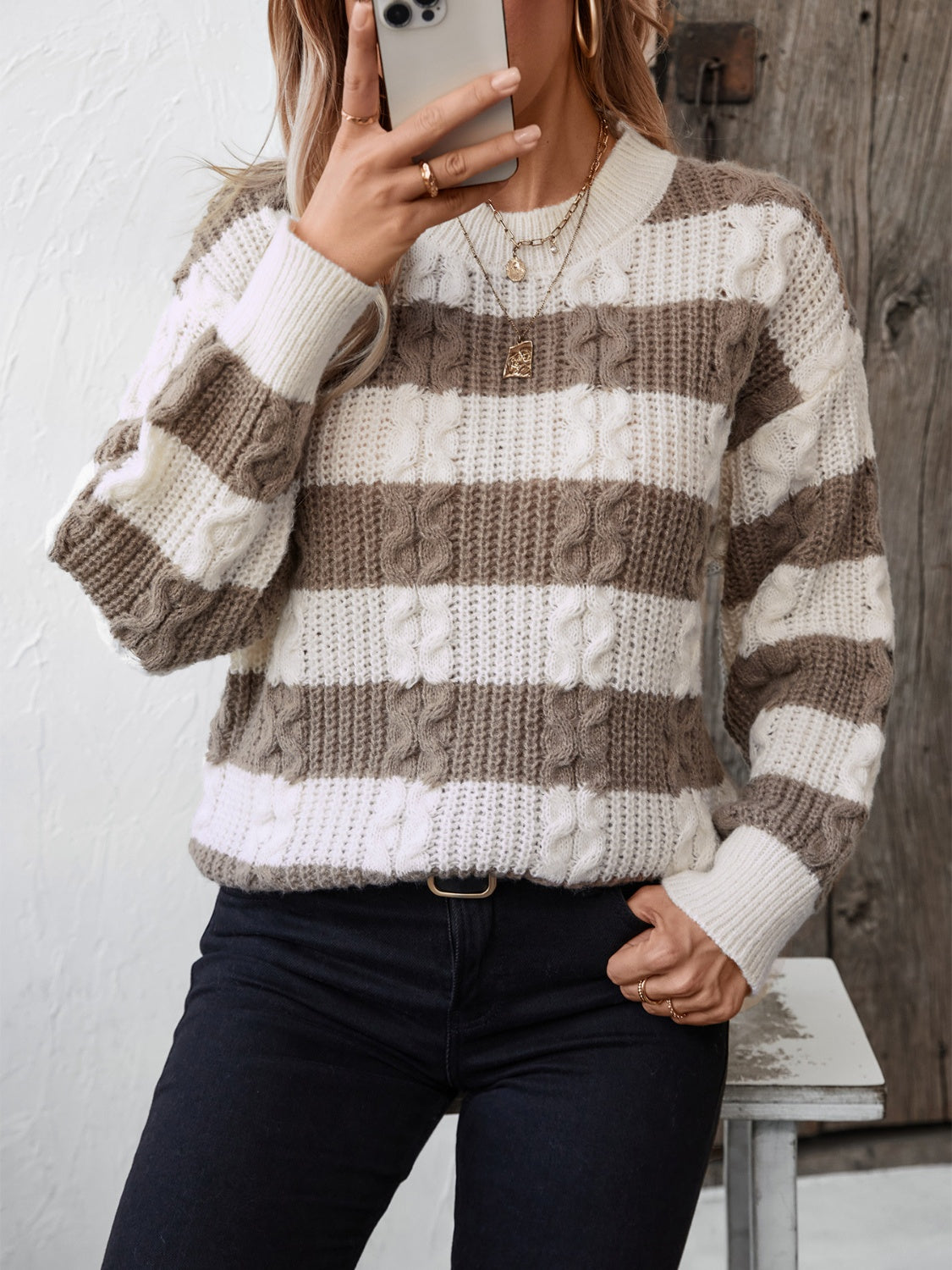 Striped Round Neck Long Sleeve Sweater - Charming Charlie