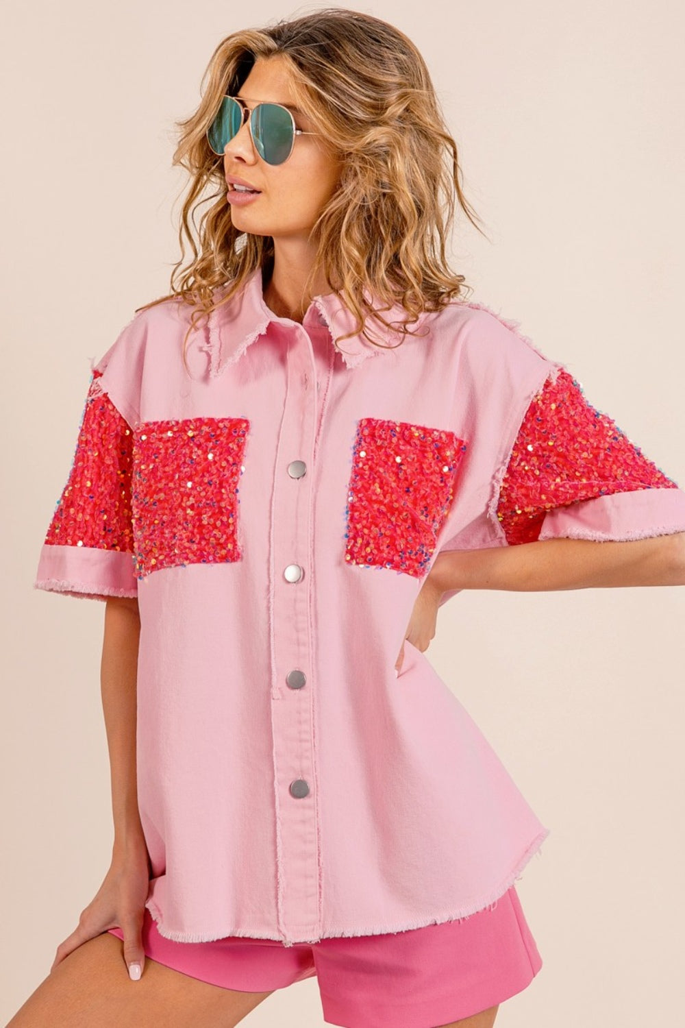BiBi Sequin Detail Raw Hem Short Sleeve Shirt - Charming Charlie