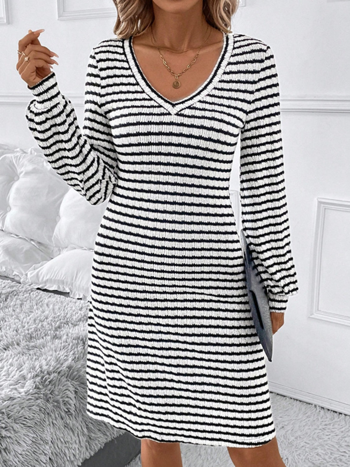 Striped V-Neck Long Sleeve Dress - Charming Charlie