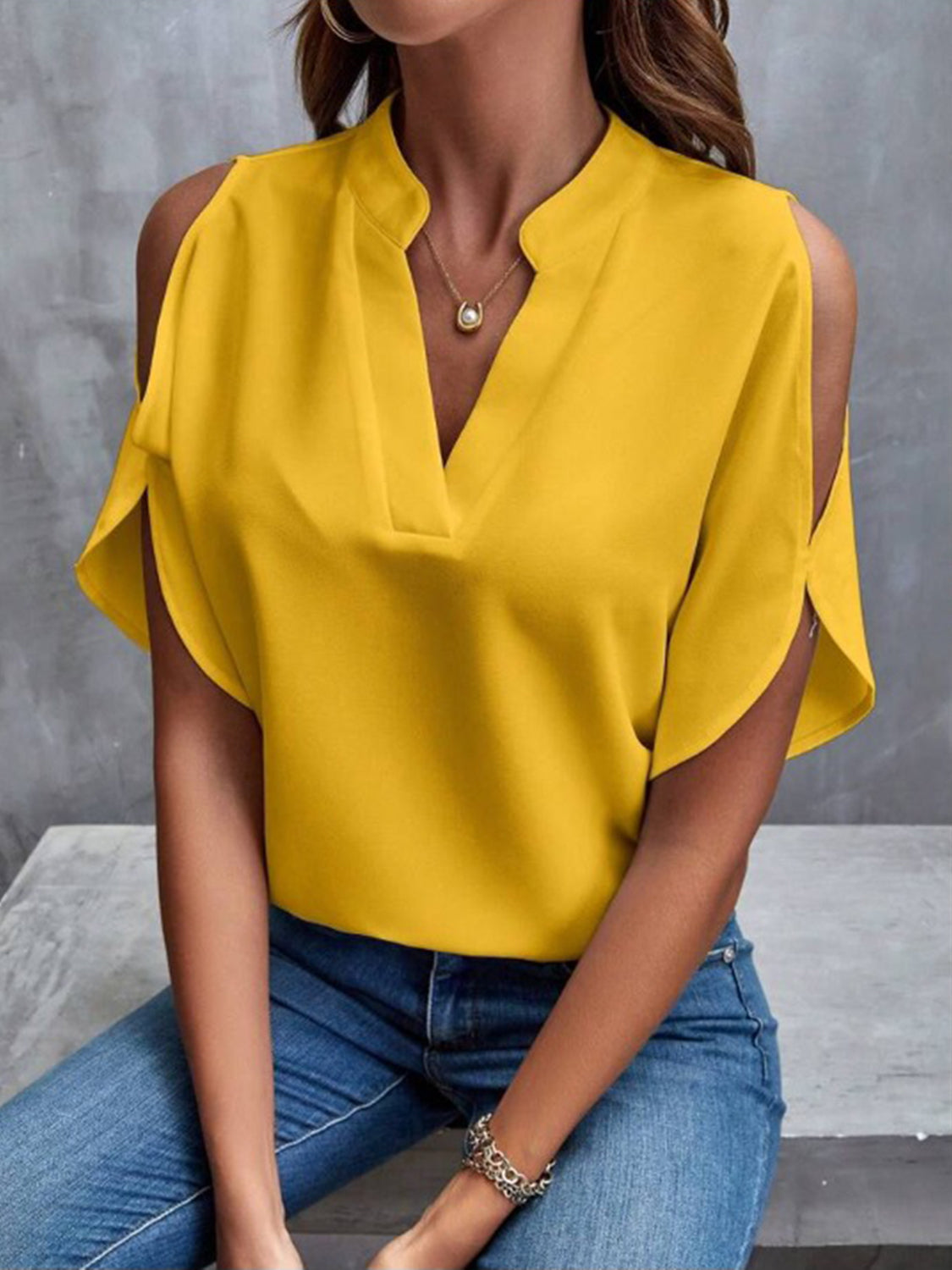 Notched Cold Shoulder Half Sleeve Blouse - Charming Charlie