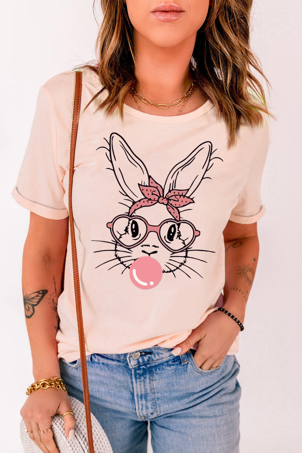 Rabbit Graphic Round Neck Short Sleeve T-Shirt - Charming Charlie