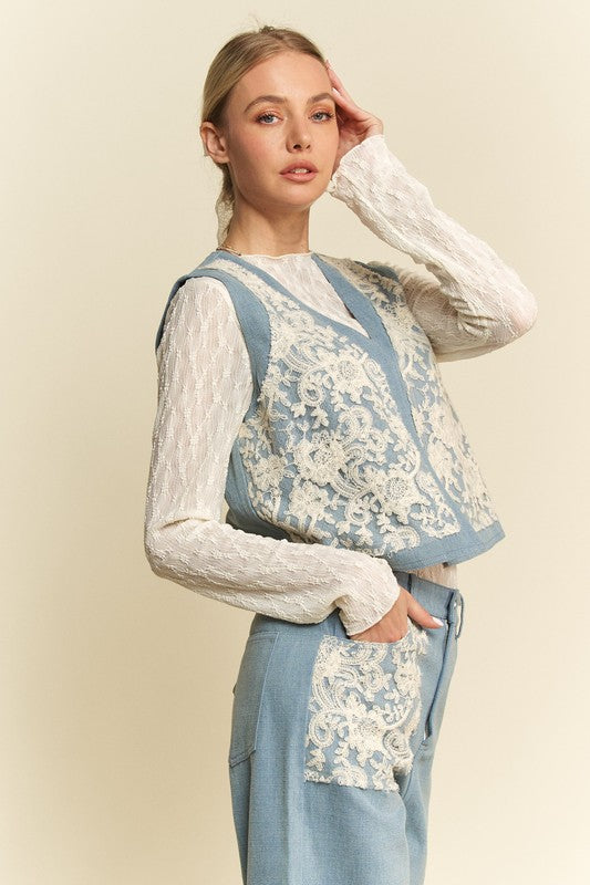 Davi & Dani Lace Patch Open Front Denim Vest - Charming Charlie