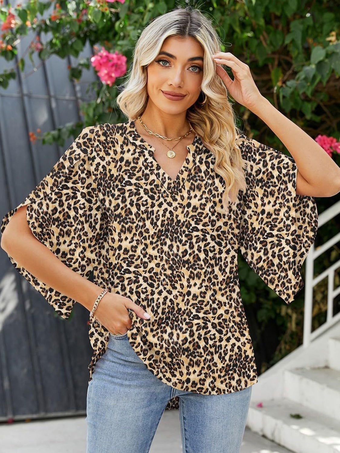 Printed Notched Half Sleeve Blouse - Charming Charlie