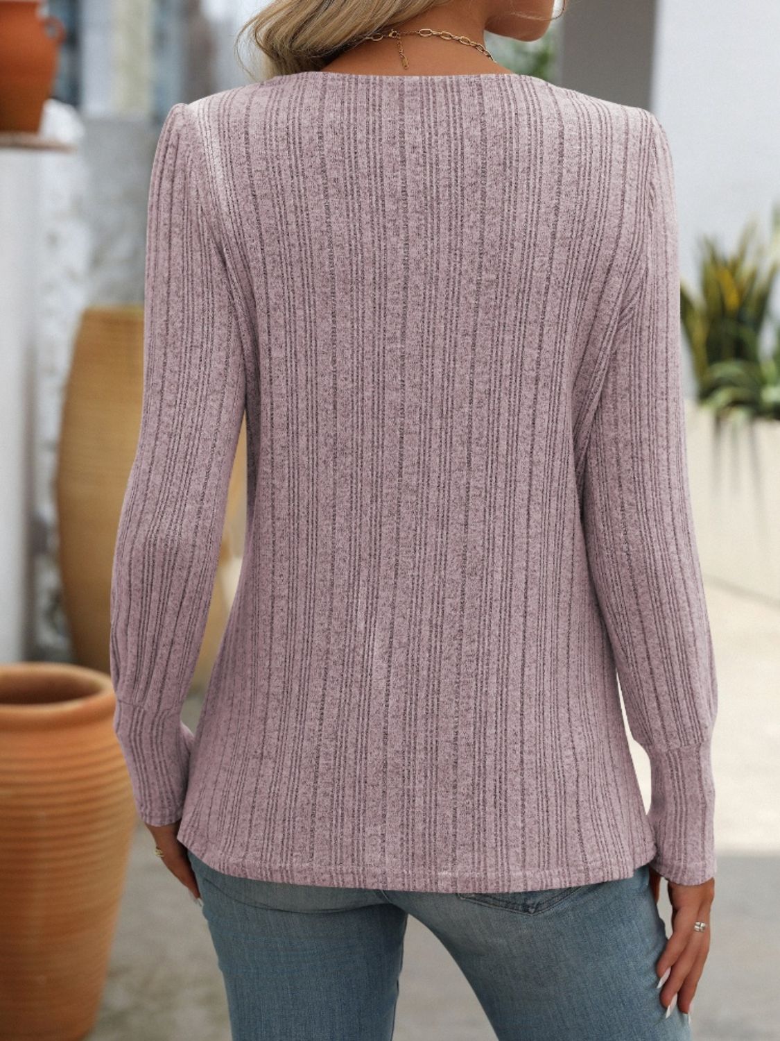 Decorative Button Striped Square Neck Long Sleeve T-Shirt - Charming Charlie