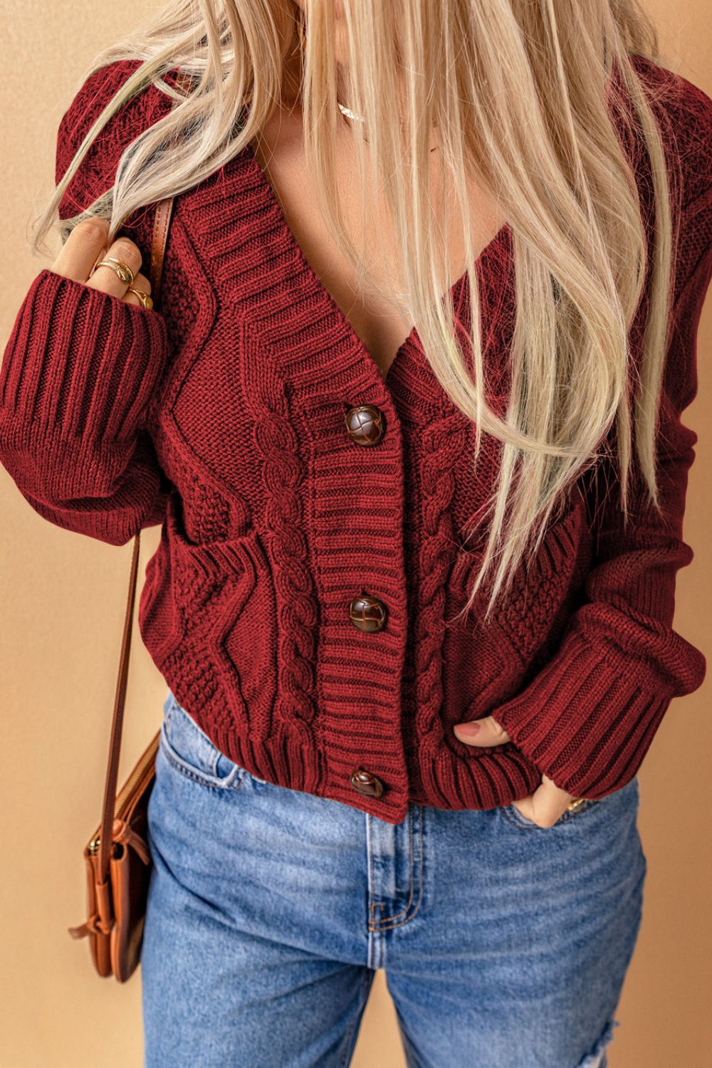 Cable-Knit Button Down V-Neck Cardigan - Charming Charlie