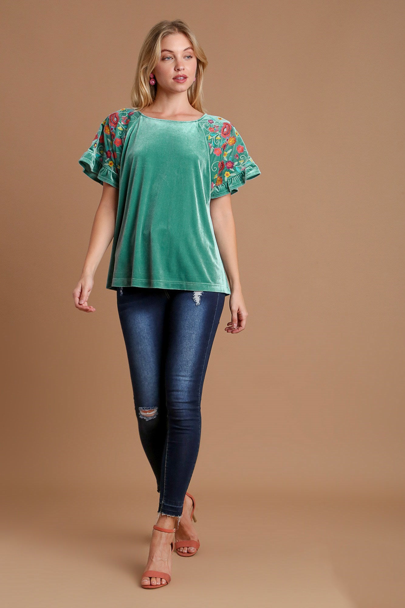 Umgee Velvet Embroidery Short Sleeve Blouse - Charming Charlie