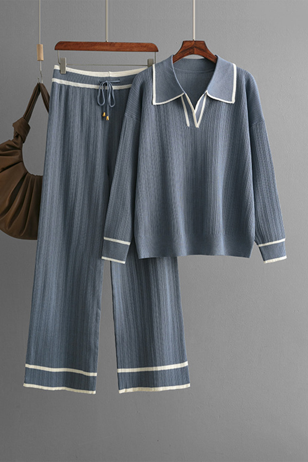 Contrast Trim Johnny Collar Top and Drawstring Pants Sweater Set - Charming Charlie