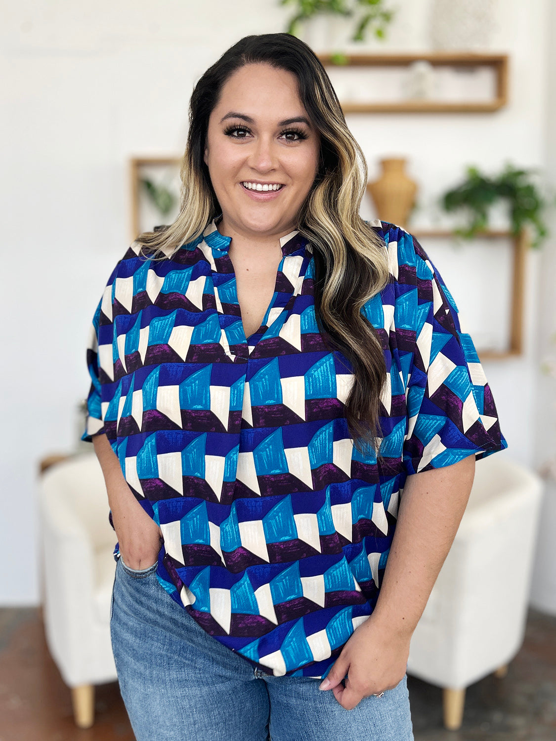 Double Take Full Size Geometric Notched Half Sleeve Blouse - Charming Charlie