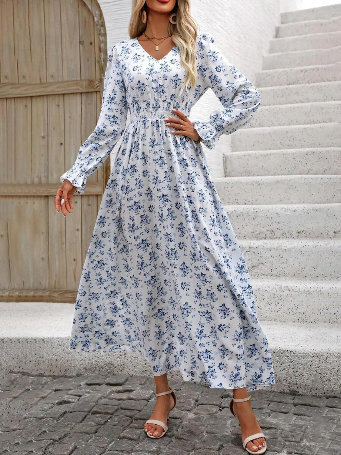 Smocked Printed V-Neck Flounce Sleeve Dress - Charming Charlie