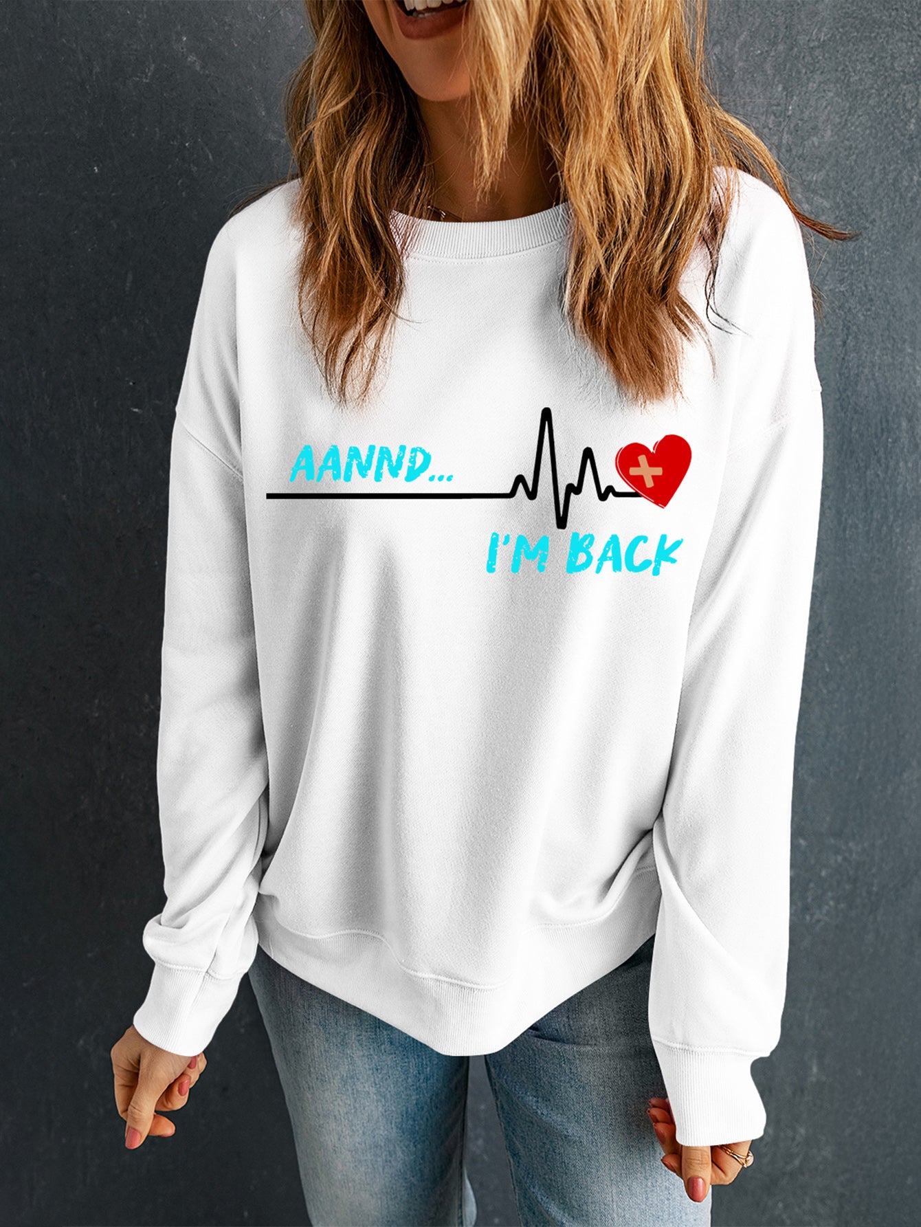 Graphic Round Neck Long Sleeve Sweatshirt - Charming Charlie