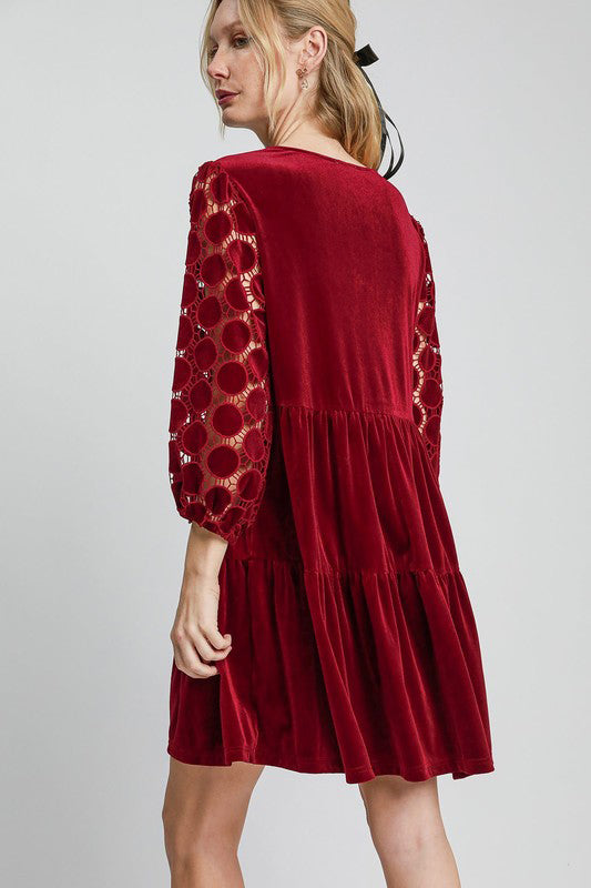 Umgee Dotted Lace Sleeve Tiered Velvet Mini Dress - Charming Charlie