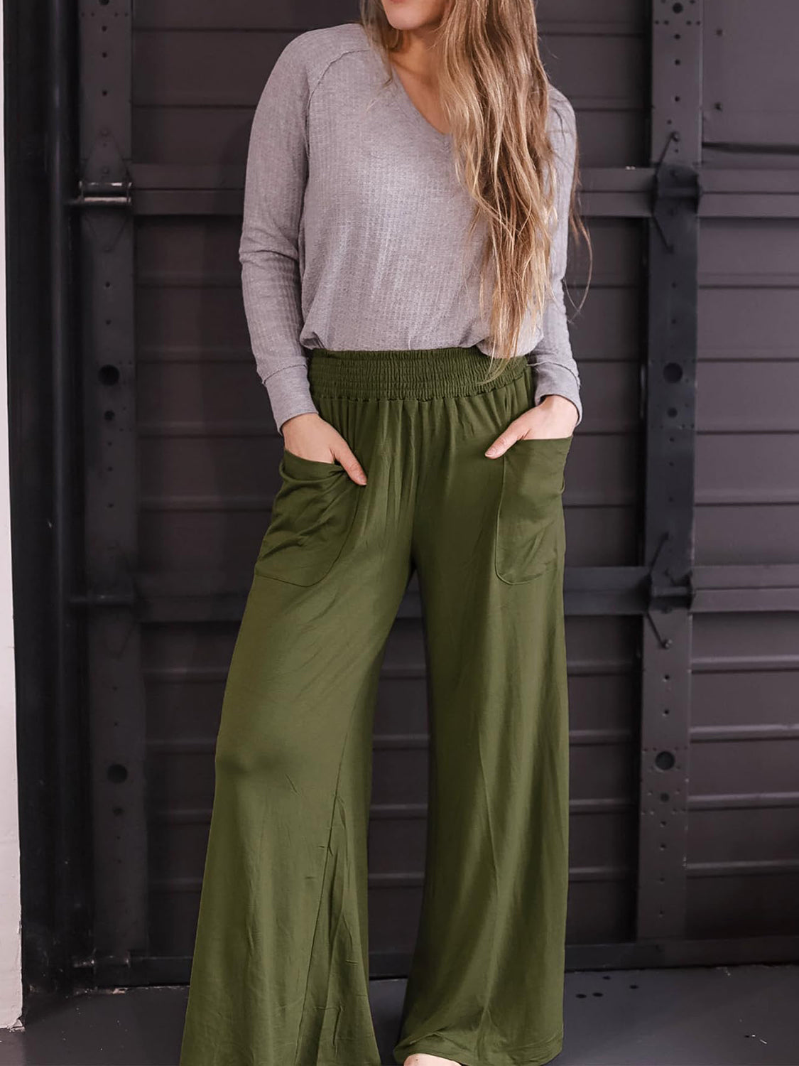 Pocketed Elastic Waist Wide Leg Pants - Charming Charlie