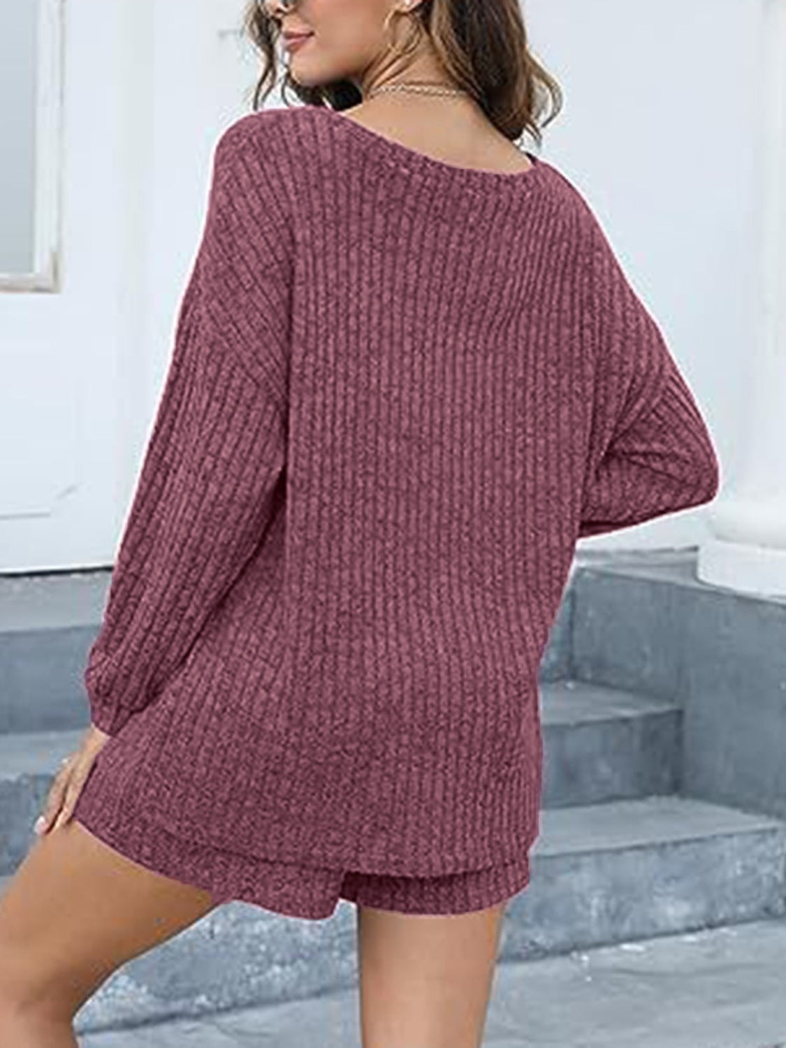 Round Neck Dropped Shoulder Top and Shorts Set - Charming Charlie