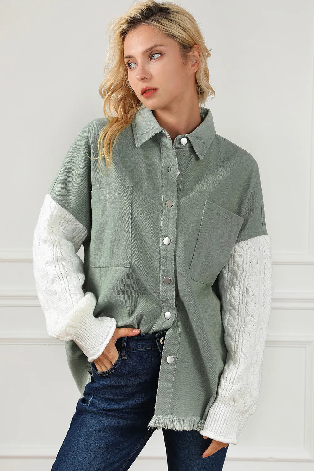 Raw Hem Collared Neck Button Up Long Sleeve Jacket - Charming Charlie