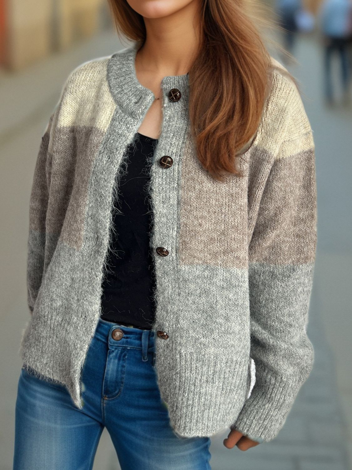 Color Block Round Neck Button Up Cardigan - Charming Charlie