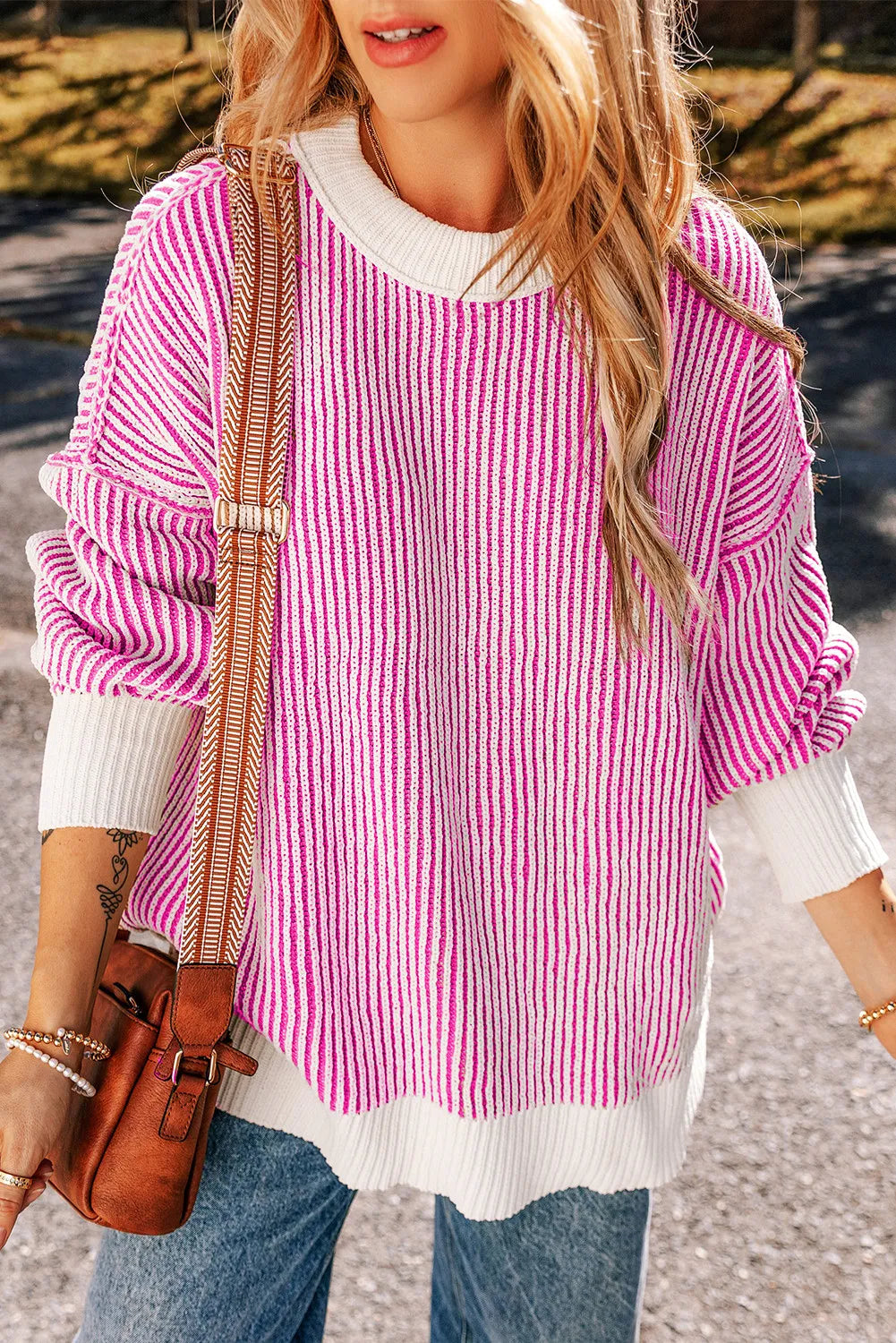 Round Neck Dropped Shoulder Sweater - Charming Charlie