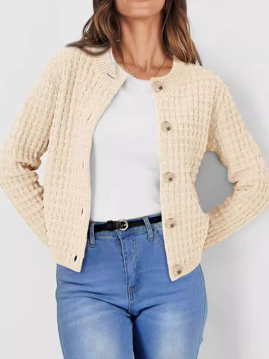 Button Up Round Neck Long Sleeve Cardigan - Charming Charlie