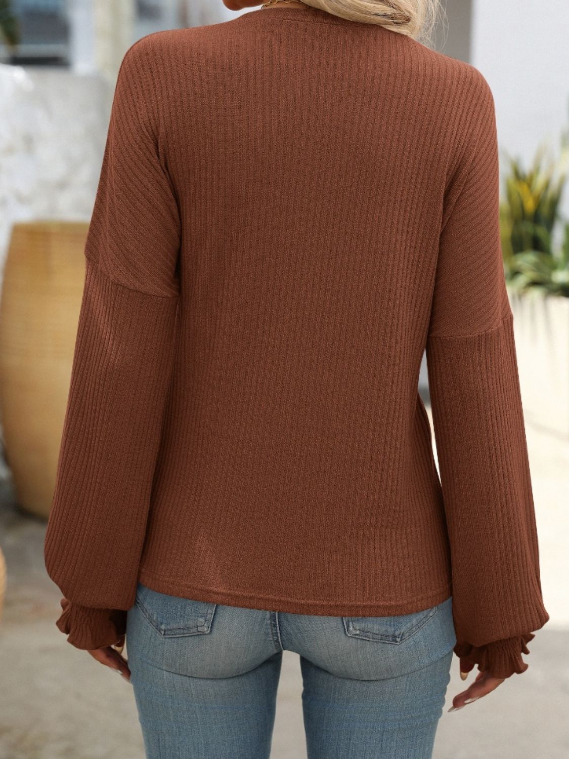 Ribbed Round Neck Long Sleeve T-Shirt - Charming Charlie