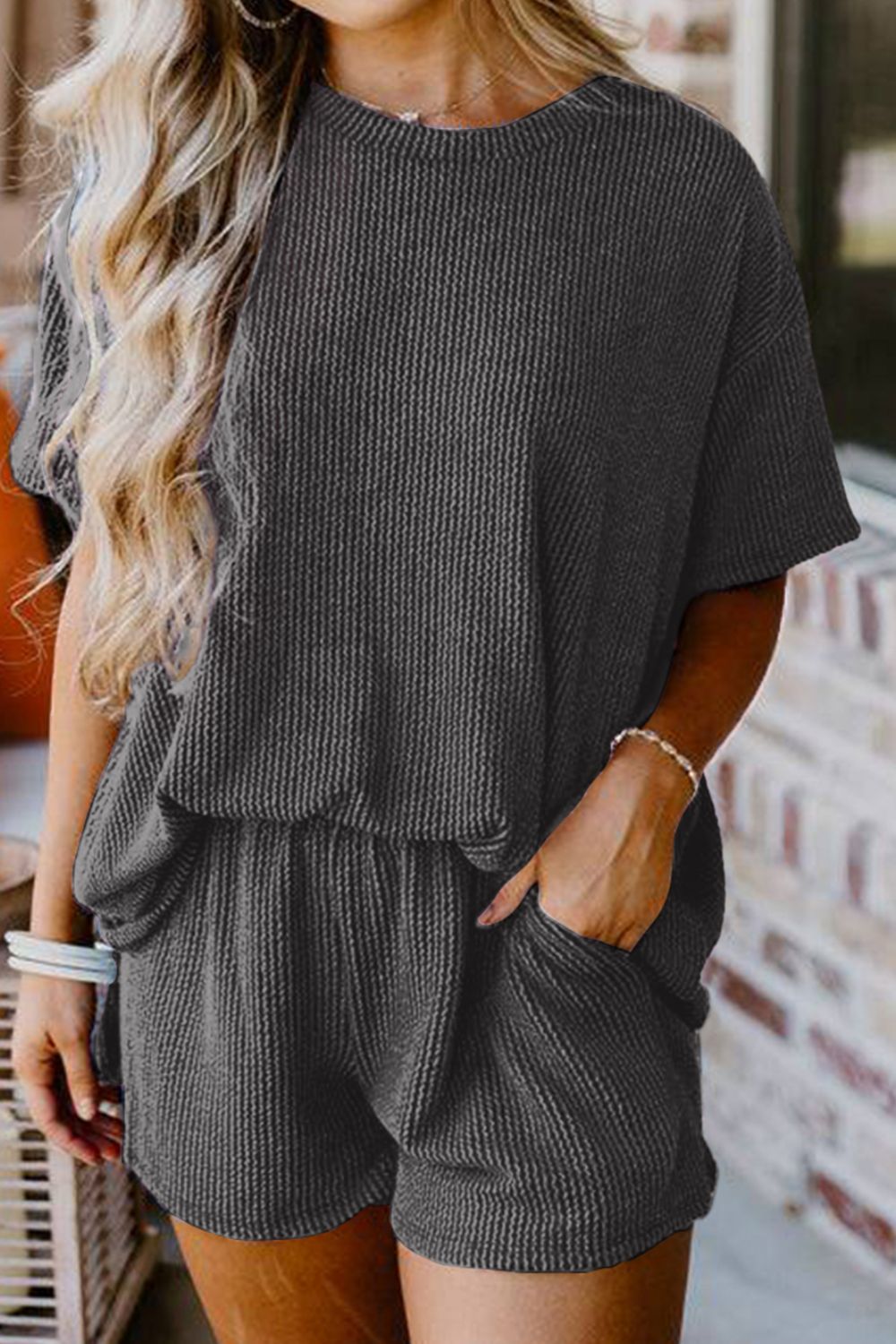 Textured Round Neck Top and Shorts Set - Charming Charlie