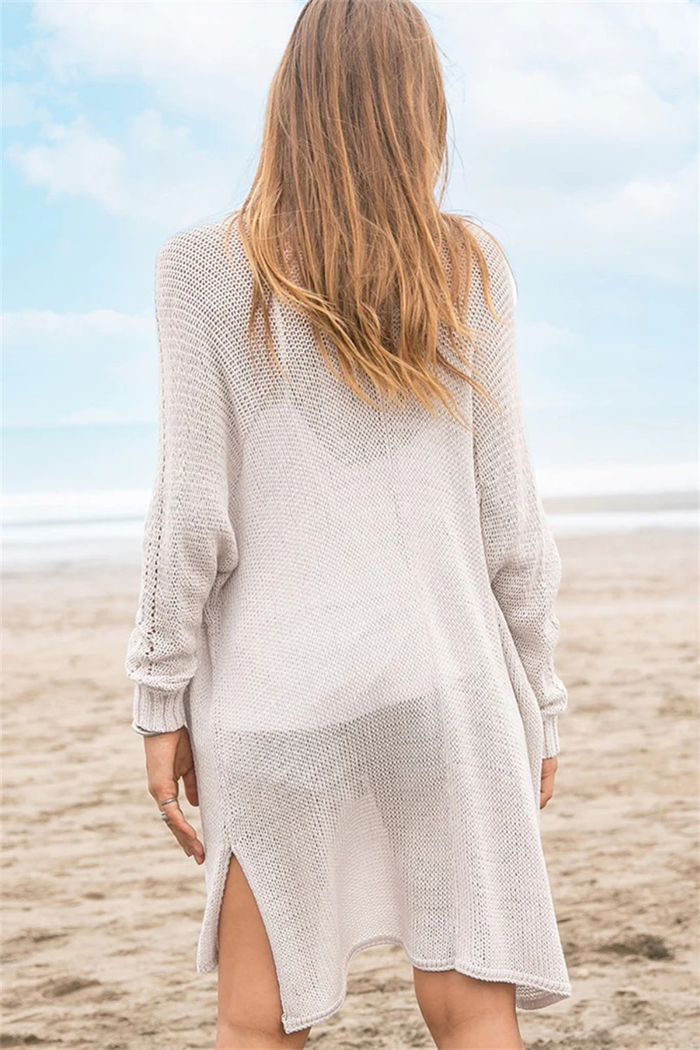 Openwork Side Slit Open Front Long Sleeve Cardigan - Charming Charlie